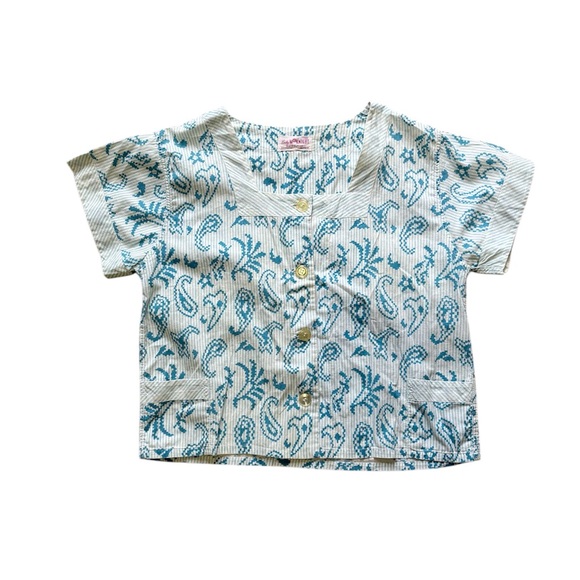 Vintage 50s Two-Piece Blue Striped Printed Top and Shorts Loungewear Set - Picture 2 of 7